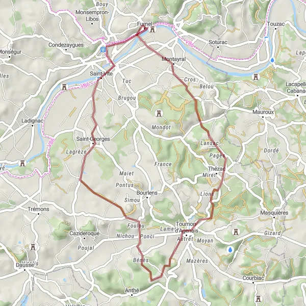 Map miniature of "Gravel Cycling Adventure near Fumel" cycling inspiration in Aquitaine, France. Generated by Tarmacs.app cycling route planner