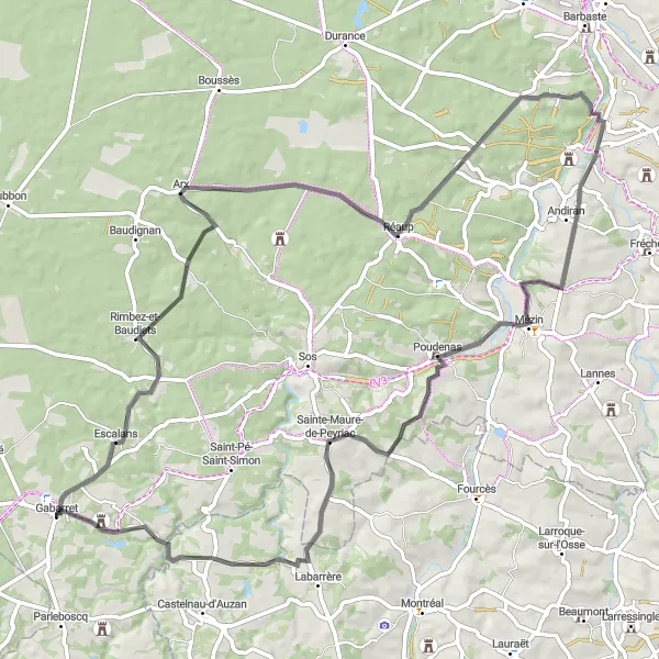 Map miniature of "The Escalans Explorer" cycling inspiration in Aquitaine, France. Generated by Tarmacs.app cycling route planner