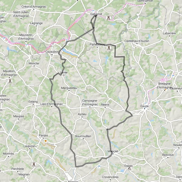 Map miniature of "The Gabarret Loop" cycling inspiration in Aquitaine, France. Generated by Tarmacs.app cycling route planner