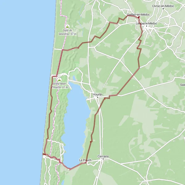 Miniatua del mapa de inspiración ciclista "Ruta de gravel de Gaillan-en-Médoc a Le Montaut y Grand Mont d'Hourtin" en Aquitaine, France. Generado por Tarmacs.app planificador de rutas ciclistas