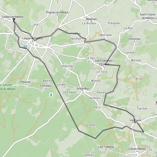 Map miniature of "Medoc Countryside Ride" cycling inspiration in Aquitaine, France. Generated by Tarmacs.app cycling route planner