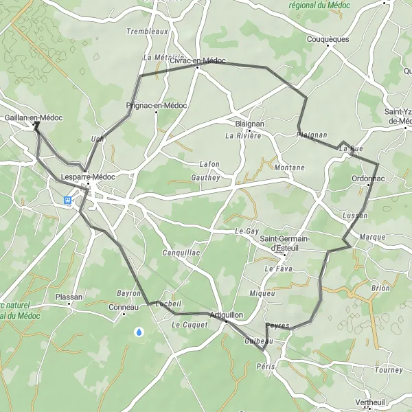Miniatua del mapa de inspiración ciclista "Ruta de Gaillan-en-Médoc a Civrac-en-Médoc y Ordonnac" en Aquitaine, France. Generado por Tarmacs.app planificador de rutas ciclistas