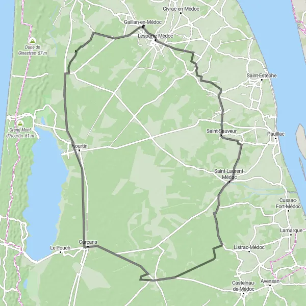 Map miniature of "Medoc Castles and Forests" cycling inspiration in Aquitaine, France. Generated by Tarmacs.app cycling route planner