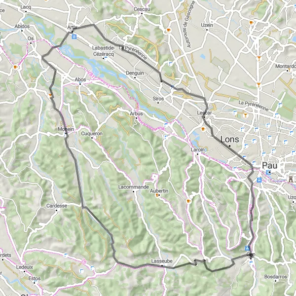 Miniature de la carte de l'inspiration cycliste "Coteaux de Jurançon" dans la Aquitaine, France. Générée par le planificateur d'itinéraire cycliste Tarmacs.app