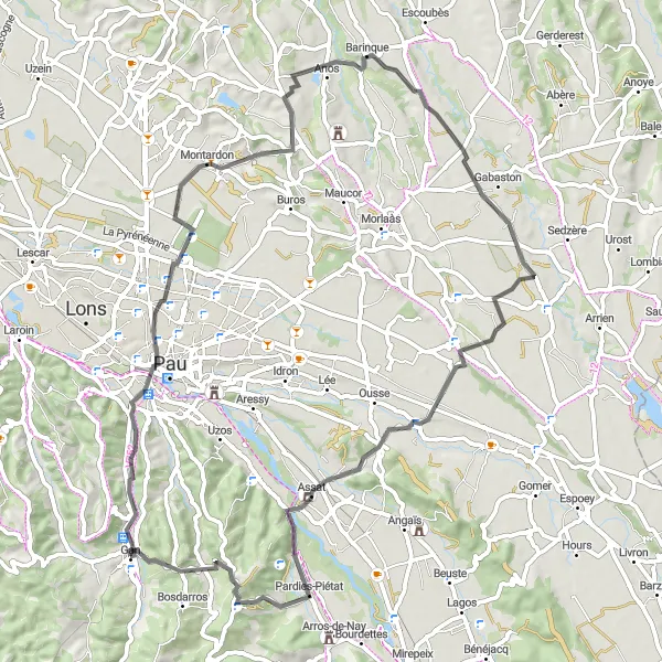 Miniature de la carte de l'inspiration cycliste "Les villages pittoresques autour de Gan" dans la Aquitaine, France. Générée par le planificateur d'itinéraire cycliste Tarmacs.app