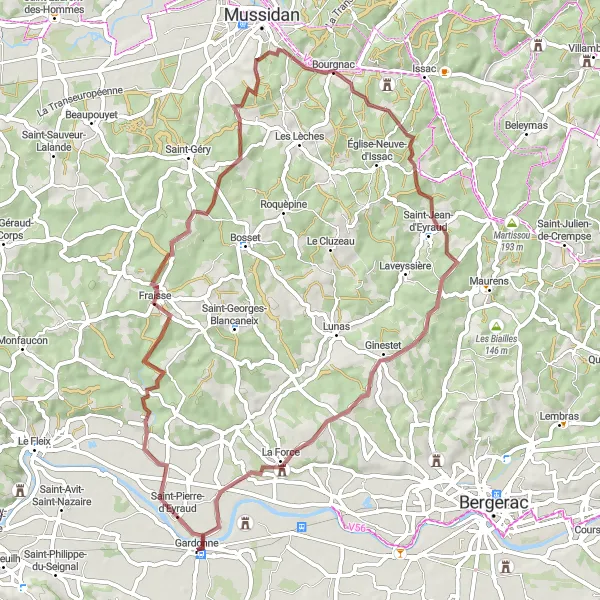 Map miniature of "Gravel Adventure: Countryside Revelations" cycling inspiration in Aquitaine, France. Generated by Tarmacs.app cycling route planner