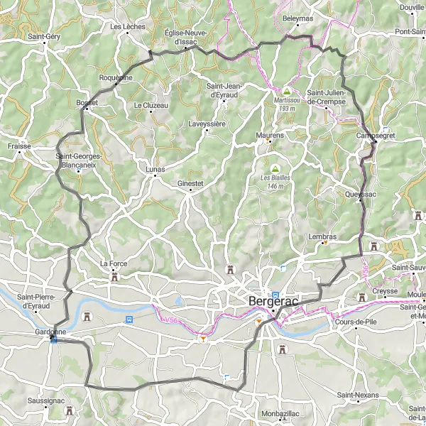 Map miniature of "The Vineyard Explorer" cycling inspiration in Aquitaine, France. Generated by Tarmacs.app cycling route planner