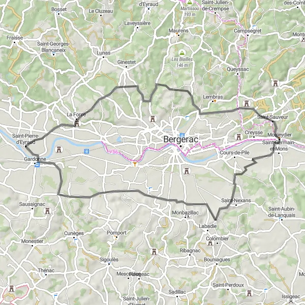 Map miniature of "The Riverside Expedition" cycling inspiration in Aquitaine, France. Generated by Tarmacs.app cycling route planner