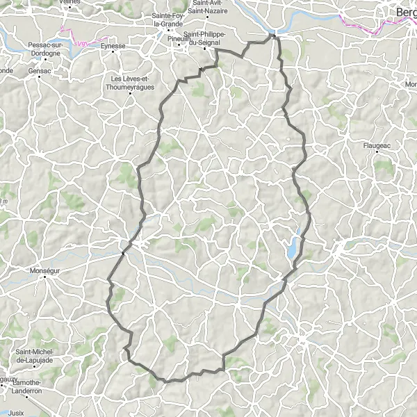 Miniature de la carte de l'inspiration cycliste "Route de Duras" dans la Aquitaine, France. Générée par le planificateur d'itinéraire cycliste Tarmacs.app
