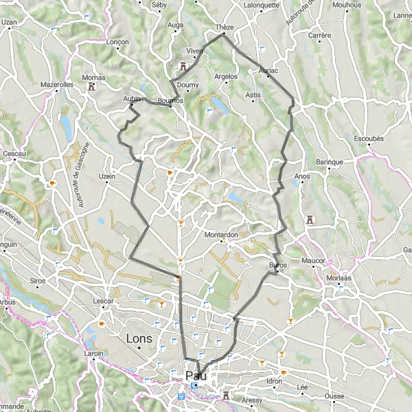 Map miniature of "Road Cycling in Gelos" cycling inspiration in Aquitaine, France. Generated by Tarmacs.app cycling route planner