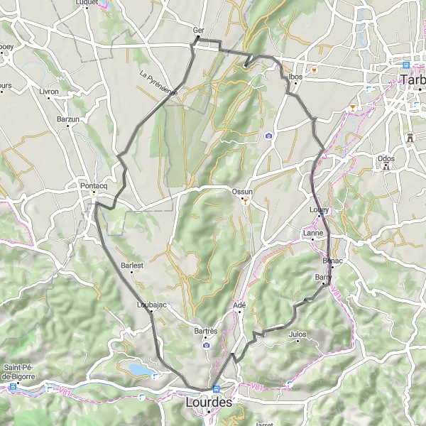 Miniature de la carte de l'inspiration cycliste "Les collines et les villages autour de Ger" dans la Aquitaine, France. Générée par le planificateur d'itinéraire cycliste Tarmacs.app