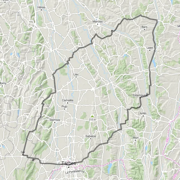 Miniature de la carte de l'inspiration cycliste "Les collines de l'Aquitaine" dans la Aquitaine, France. Générée par le planificateur d'itinéraire cycliste Tarmacs.app