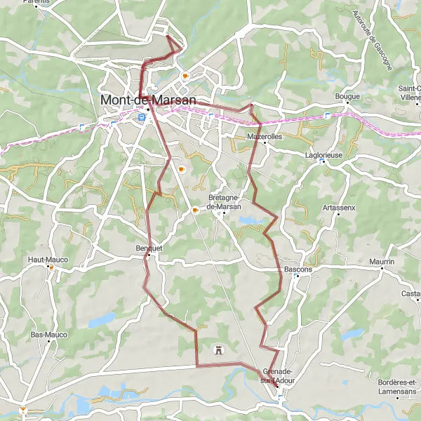 Miniature de la carte de l'inspiration cycliste "Exploration de la Chalosse" dans la Aquitaine, France. Générée par le planificateur d'itinéraire cycliste Tarmacs.app
