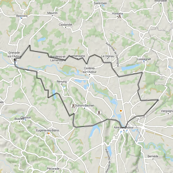 Miniature de la carte de l'inspiration cycliste "Boucle à vélo de Grenade-sur-l'Adour" dans la Aquitaine, France. Générée par le planificateur d'itinéraire cycliste Tarmacs.app