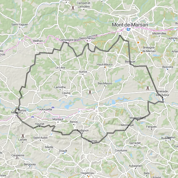 Miniature de la carte de l'inspiration cycliste "Escapade vers Saint-Perdon" dans la Aquitaine, France. Générée par le planificateur d'itinéraire cycliste Tarmacs.app