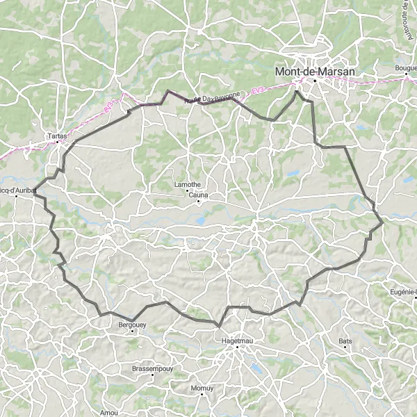 Miniature de la carte de l'inspiration cycliste "Grande Boucle des Landes" dans la Aquitaine, France. Générée par le planificateur d'itinéraire cycliste Tarmacs.app