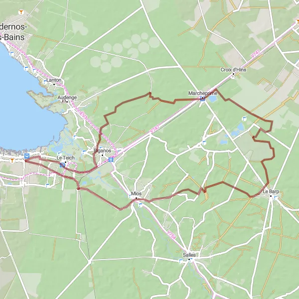 Miniature de la carte de l'inspiration cycliste "Les Landes de Mougnet en VTT" dans la Aquitaine, France. Générée par le planificateur d'itinéraire cycliste Tarmacs.app