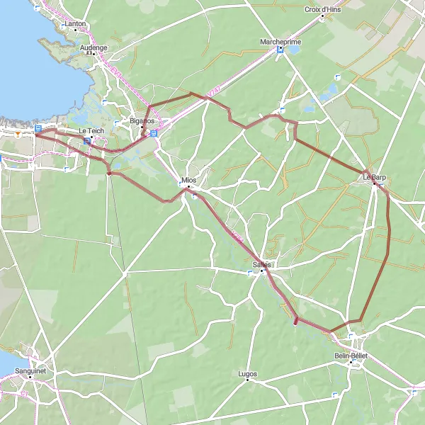 Miniature de la carte de l'inspiration cycliste "Boucle autour de Biganos" dans la Aquitaine, France. Générée par le planificateur d'itinéraire cycliste Tarmacs.app