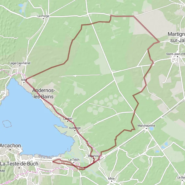 Miniature de la carte de l'inspiration cycliste "Exploration d'Audenge et Arès" dans la Aquitaine, France. Générée par le planificateur d'itinéraire cycliste Tarmacs.app
