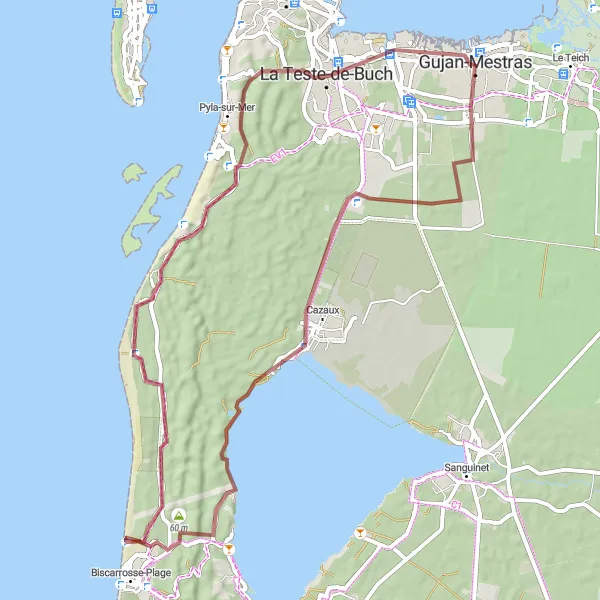 Miniature de la carte de l'inspiration cycliste "Exploration des Landes de Gascogne" dans la Aquitaine, France. Générée par le planificateur d'itinéraire cycliste Tarmacs.app