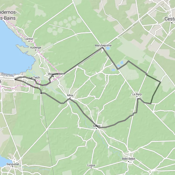 Miniature de la carte de l'inspiration cycliste "Les Marais de la Leyre" dans la Aquitaine, France. Générée par le planificateur d'itinéraire cycliste Tarmacs.app