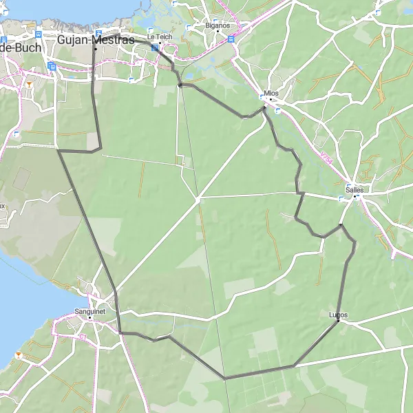 Miniature de la carte de l'inspiration cycliste "Les Rives de la Leyre" dans la Aquitaine, France. Générée par le planificateur d'itinéraire cycliste Tarmacs.app