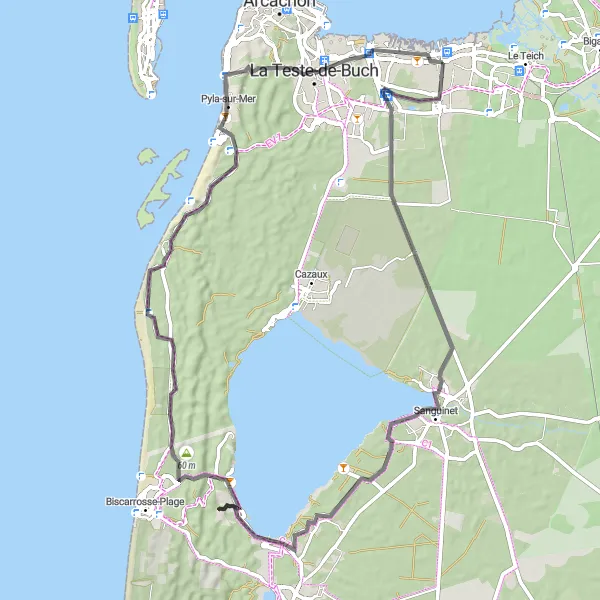 Miniature de la carte de l'inspiration cycliste "Bassin d'Arcachon et Dune du Pilat" dans la Aquitaine, France. Générée par le planificateur d'itinéraire cycliste Tarmacs.app