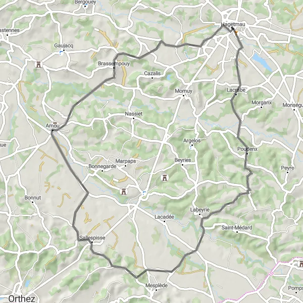 Miniatua del mapa de inspiración ciclista "Ruta escénica de 56 km desde Hagetmau" en Aquitaine, France. Generado por Tarmacs.app planificador de rutas ciclistas