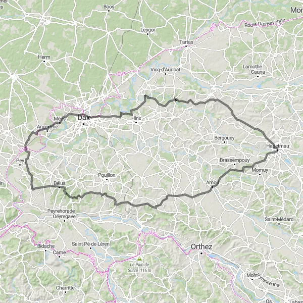 Miniatua del mapa de inspiración ciclista "Ruta panorámica por Aquitania" en Aquitaine, France. Generado por Tarmacs.app planificador de rutas ciclistas
