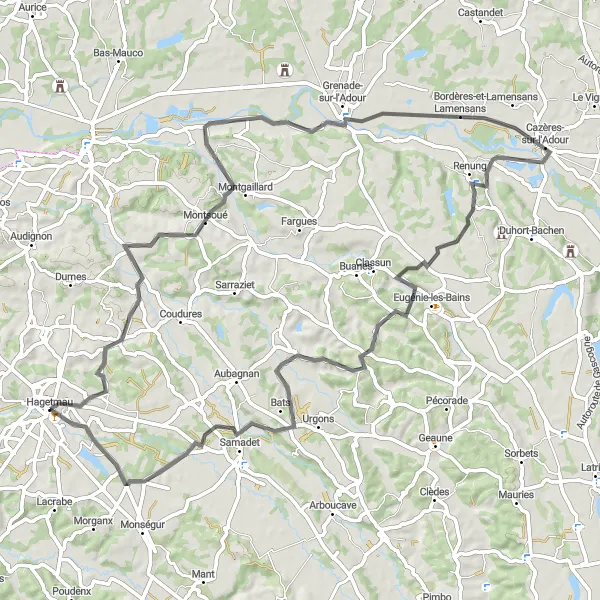 Miniatua del mapa de inspiración ciclista "Ruta de 77 km desde Hagetmau" en Aquitaine, France. Generado por Tarmacs.app planificador de rutas ciclistas