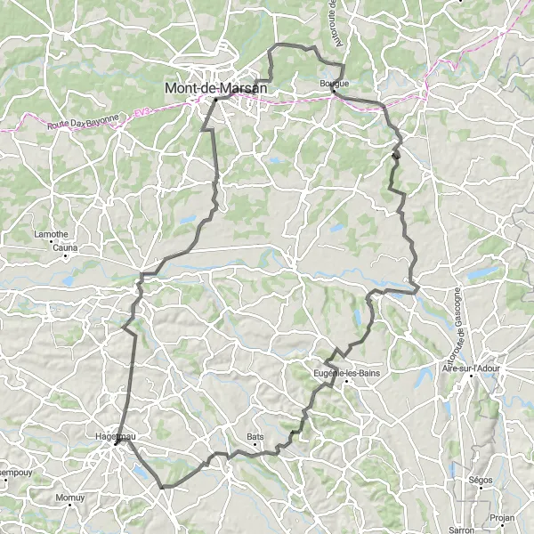 Miniatua del mapa de inspiración ciclista "Experiencia de 110 km en carretera desde Hagetmau" en Aquitaine, France. Generado por Tarmacs.app planificador de rutas ciclistas