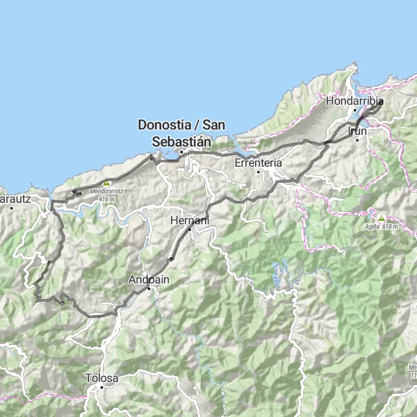 Map miniature of "Hendaye Circular Road Route" cycling inspiration in Aquitaine, France. Generated by Tarmacs.app cycling route planner