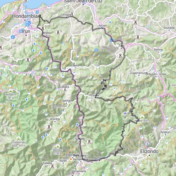 Miniature de la carte de l'inspiration cycliste "Boucle Hendaye - Behobia" dans la Aquitaine, France. Générée par le planificateur d'itinéraire cycliste Tarmacs.app