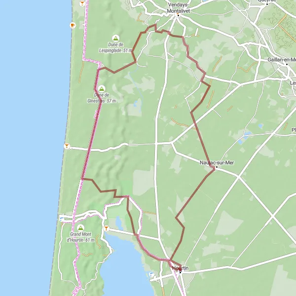 Map miniature of "Scenic Gravel Route to Hourtin through Dune de Ginestras and Naujac-sur-Mer" cycling inspiration in Aquitaine, France. Generated by Tarmacs.app cycling route planner