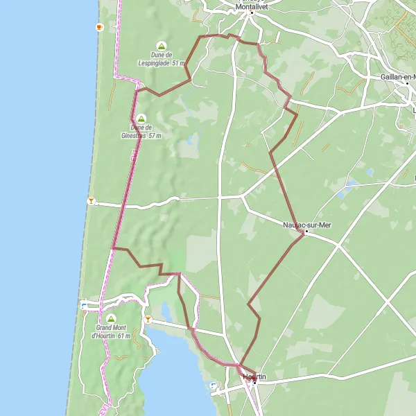 Map miniature of "Picturesque Gravel Route to Hourtin through Dune de Ginestras and Naujac-sur-Mer" cycling inspiration in Aquitaine, France. Generated by Tarmacs.app cycling route planner