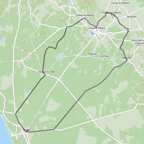 Miniatua del mapa de inspiración ciclista "Ruta Litoral de Hourtin a Naujac-sur-Mer" en Aquitaine, France. Generado por Tarmacs.app planificador de rutas ciclistas
