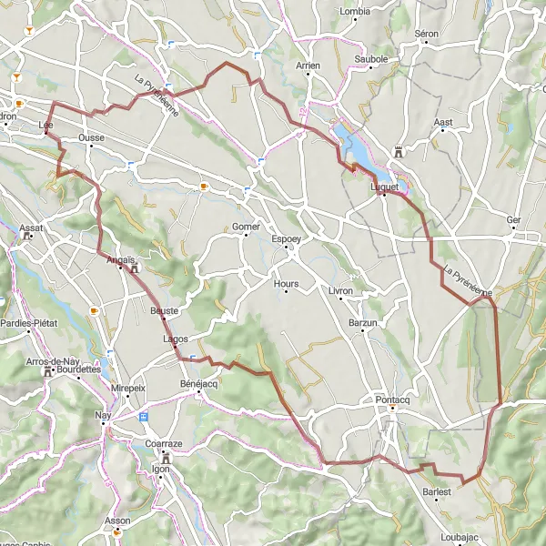 Miniature de la carte de l'inspiration cycliste "Les collines de Béarn" dans la Aquitaine, France. Générée par le planificateur d'itinéraire cycliste Tarmacs.app