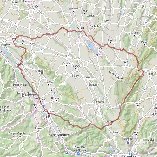 Map miniature of "Idron-Andoins Gravel Challenge" cycling inspiration in Aquitaine, France. Generated by Tarmacs.app cycling route planner