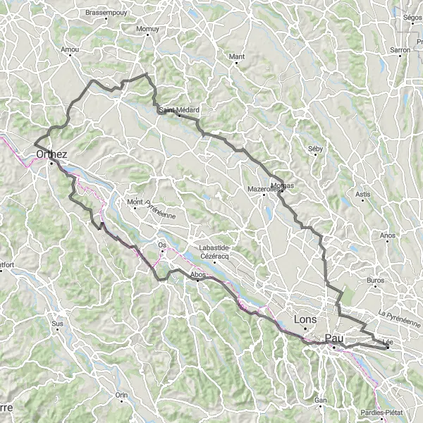 Miniatua del mapa de inspiración ciclista "Ruta de ciclismo de carretera a Pau Nord" en Aquitaine, France. Generado por Tarmacs.app planificador de rutas ciclistas