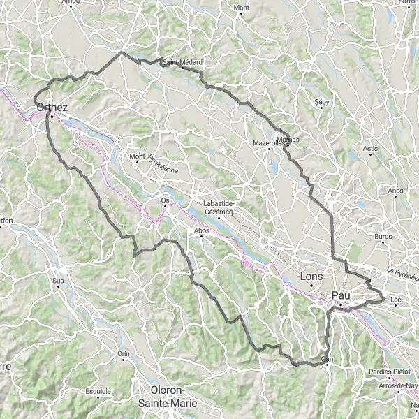 Miniatua del mapa de inspiración ciclista "Circuito del Haras National de Gelos" en Aquitaine, France. Generado por Tarmacs.app planificador de rutas ciclistas