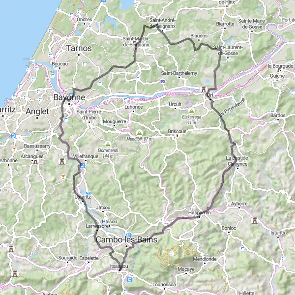 Map miniature of "The Coastal Expedition" cycling inspiration in Aquitaine, France. Generated by Tarmacs.app cycling route planner