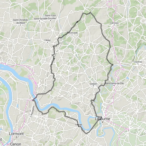 Miniatua del mapa de inspiración ciclista "Ruta Rural desde Izon hasta Arveyres" en Aquitaine, France. Generado por Tarmacs.app planificador de rutas ciclistas