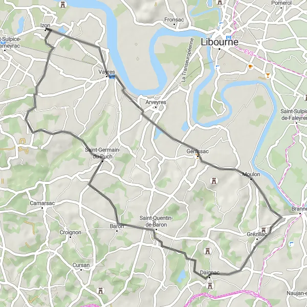 Miniature de la carte de l'inspiration cycliste "La Route du Vignoble" dans la Aquitaine, France. Générée par le planificateur d'itinéraire cycliste Tarmacs.app