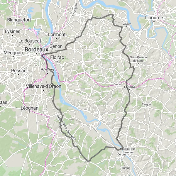 Miniatua del mapa de inspiración ciclista "Ruta de Cadaujac" en Aquitaine, France. Generado por Tarmacs.app planificador de rutas ciclistas