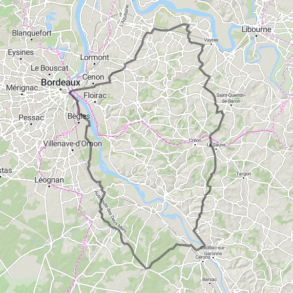 Map miniature of "Rolling Hills of Entre-Deux-Mers" cycling inspiration in Aquitaine, France. Generated by Tarmacs.app cycling route planner