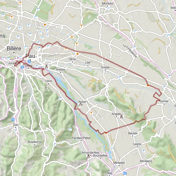 Map miniature of "Château de Pau and Jurançon Gravel Ride" cycling inspiration in Aquitaine, France. Generated by Tarmacs.app cycling route planner