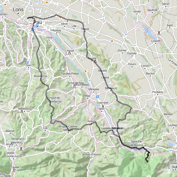 Miniature de la carte de l'inspiration cycliste "Parcours Sur Route vers Château de Pau" dans la Aquitaine, France. Générée par le planificateur d'itinéraire cycliste Tarmacs.app