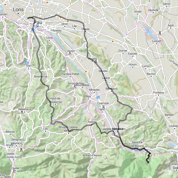 Map miniature of "Billère and Lestelle-Bétharram Road Cycling Loop" cycling inspiration in Aquitaine, France. Generated by Tarmacs.app cycling route planner