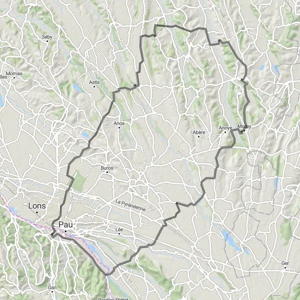 Miniatua del mapa de inspiración ciclista "Ruta de Ciclismo de Carretera Jurançon - Haras National de Gelos" en Aquitaine, France. Generado por Tarmacs.app planificador de rutas ciclistas