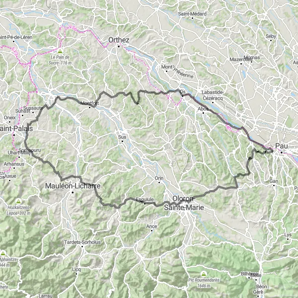 Map miniature of "Jurançon Round-Trip Road Cycling" cycling inspiration in Aquitaine, France. Generated by Tarmacs.app cycling route planner